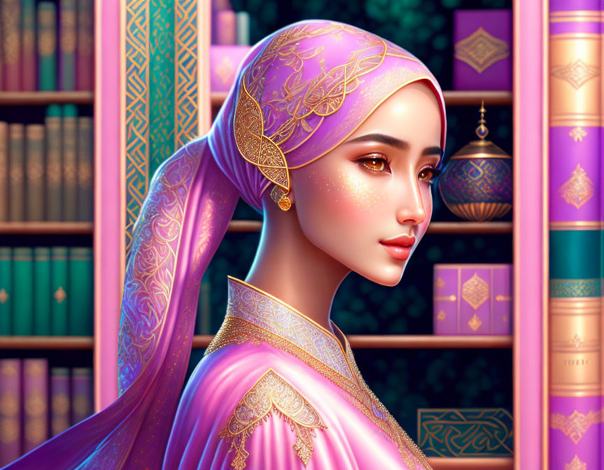 Illustrated woman in pink hijab with gold patterns by bookshelf with golden embellishments