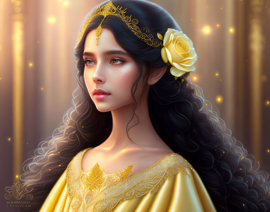 Detailed Illustration of Woman in Golden Yellow Dress with Black Hair