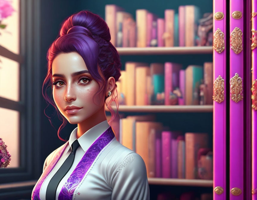 Purple-haired animated character in updo with white shirt and earrings, standing by pink columns and bookshelf