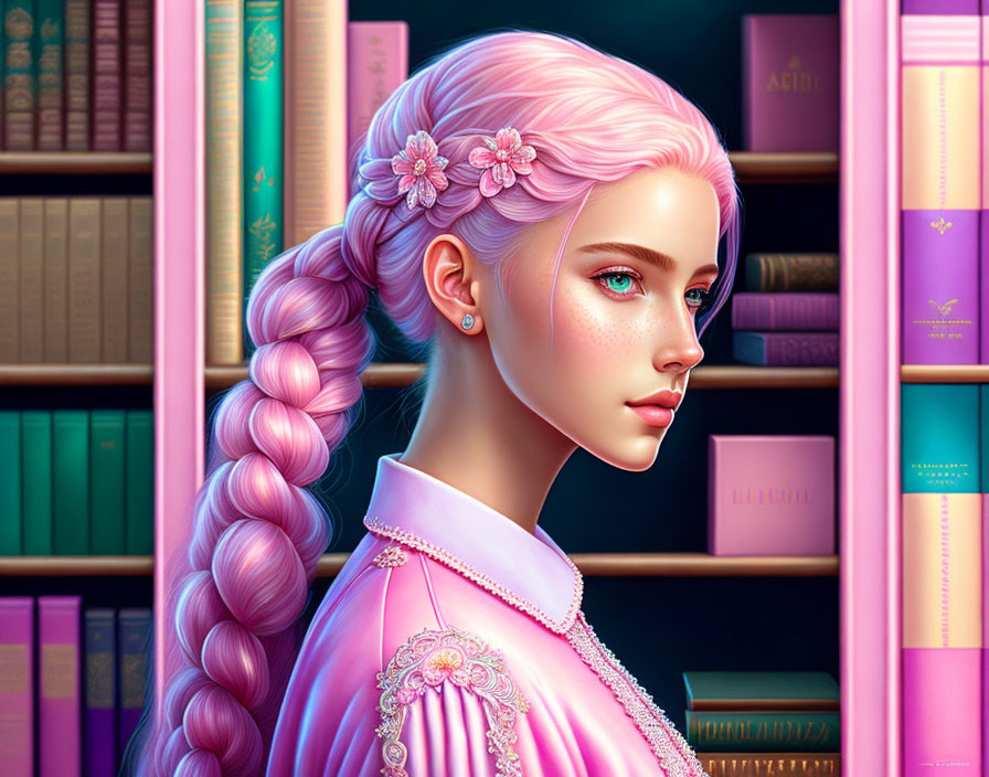 Portrait of young woman with pink hair and flowers in pink outfit against bookshelf backdrop