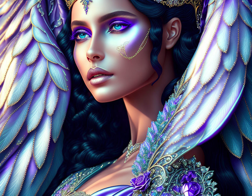 Fantasy female creature portrait with blue eyes, dark hair, elaborate makeup, and colorful feathered wings