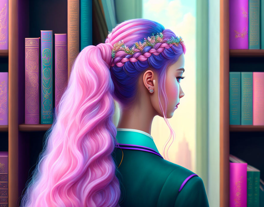 Profile View of Woman with Long Pink Hair and Floral Crown Against Colorful Bookshelves