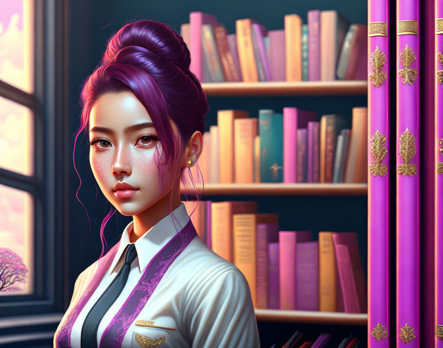 Digital portrait of young woman with purple hair in uniform by golden-embossed bookshelf