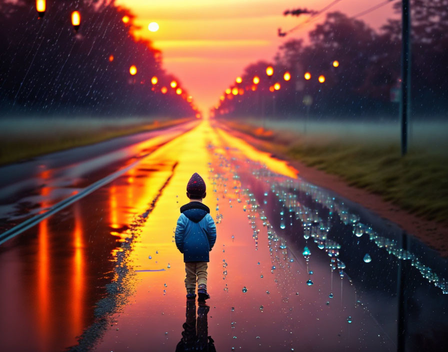 Child standing on wet road at sunset with streetlights and colorful misty backdrop