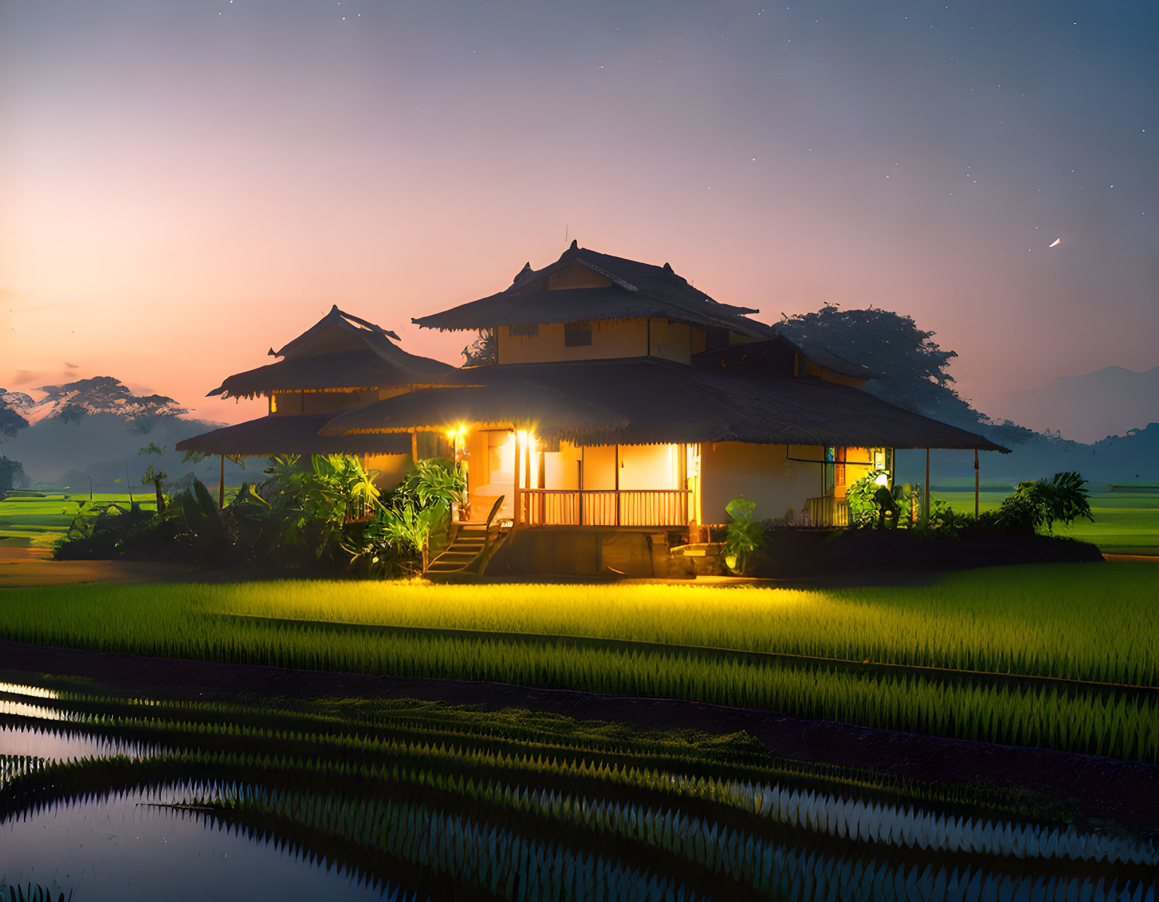 Traditional Asian House Surrounded by Rice Paddies and Mountains at Twilight