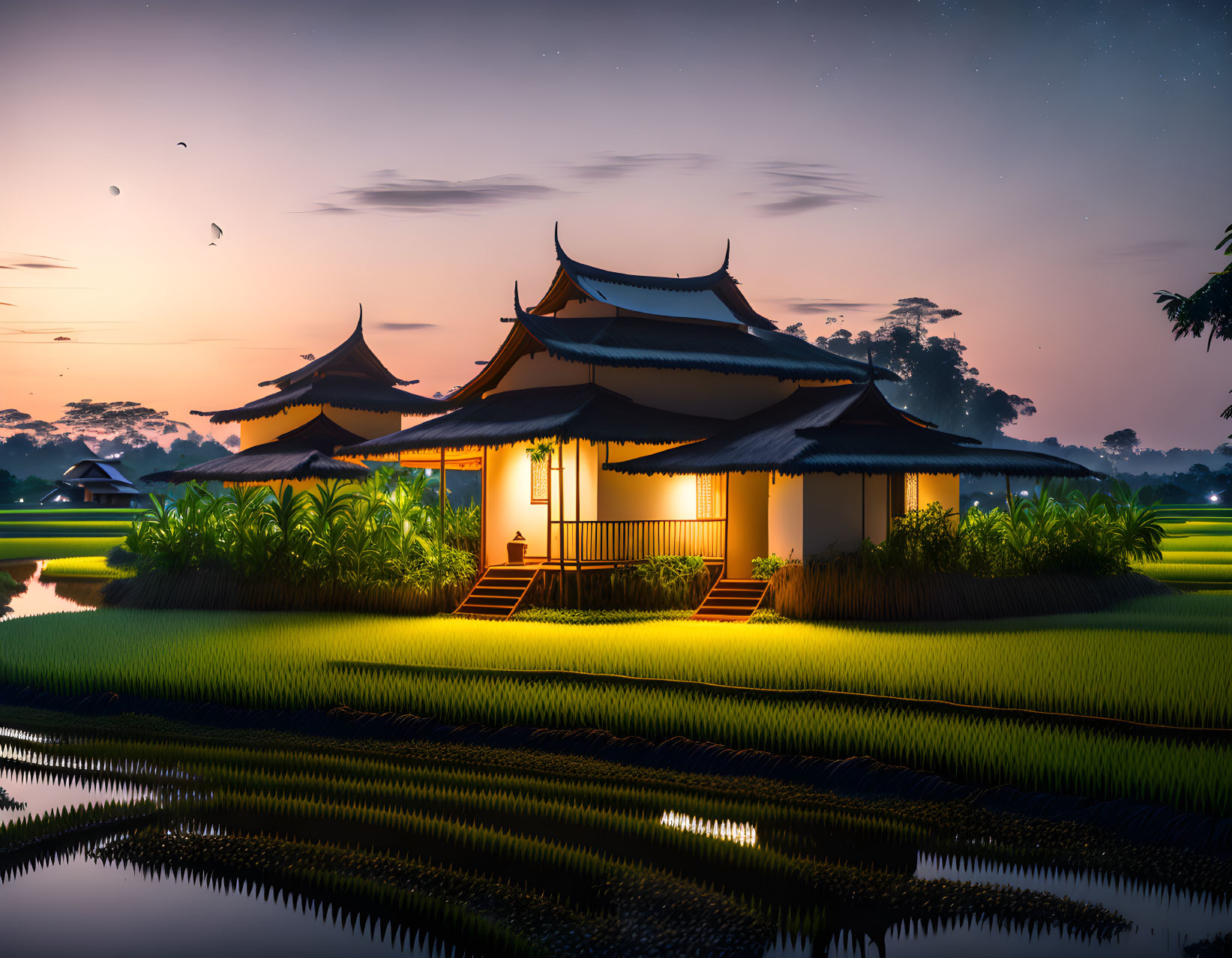 Twilight view of illuminated Asian architecture over serene waters