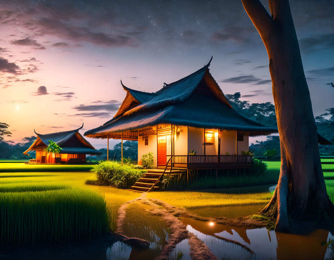 Traditional houses illuminated at sunset near rice field with starry sky and tree reflection