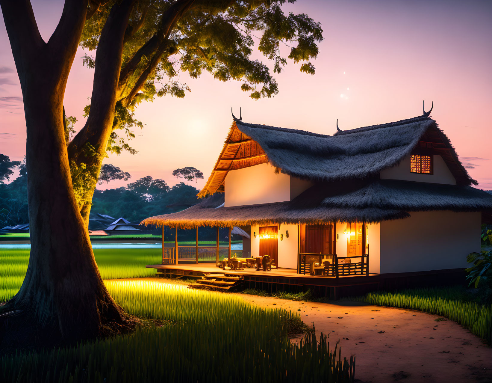 Thatched roof traditional house at dusk near tree and rice field