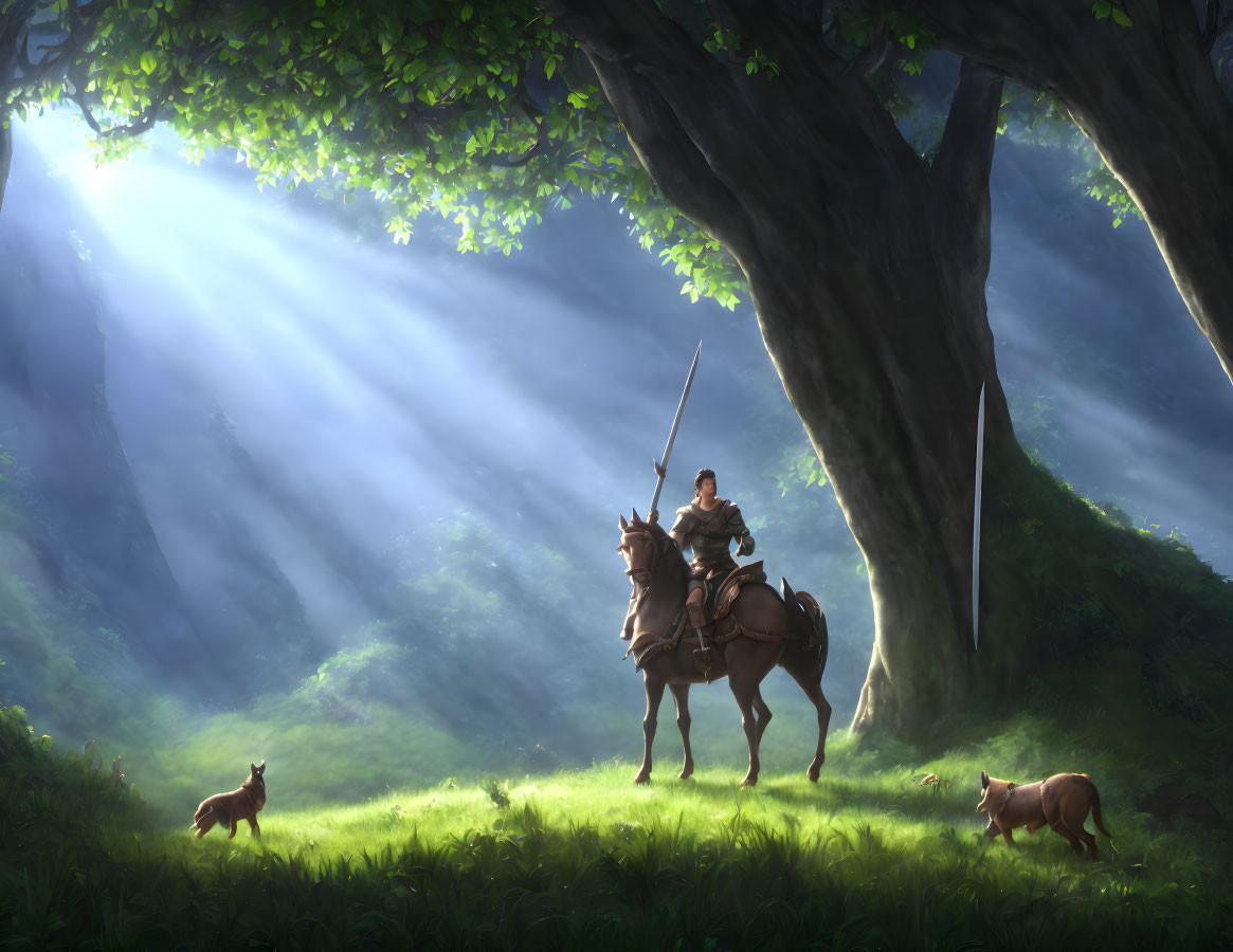 Knight on Horseback with Dogs in Sunlit Forest Clearing
