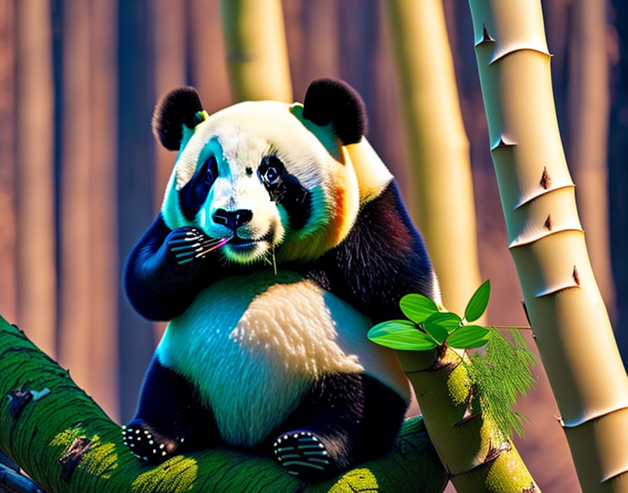 Panda eating leaves on wooden beam amidst bamboo stems