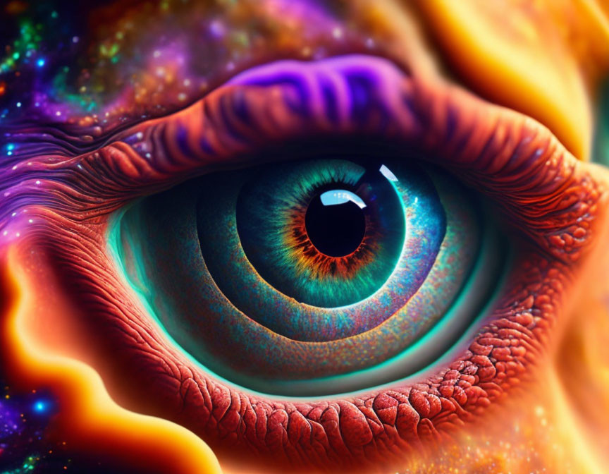 Close-up image: Multi-colored human eye with cosmic patterns and starry textures.