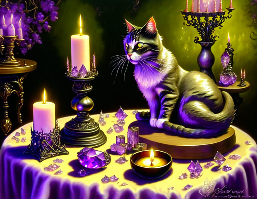 Black and White Cat on Purple Table with Candles and Crystals