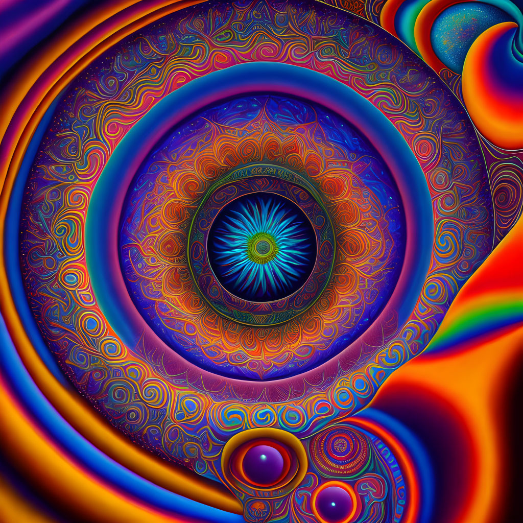 Colorful abstract fractal art with eye-like patterns in blue, purple, and orange.