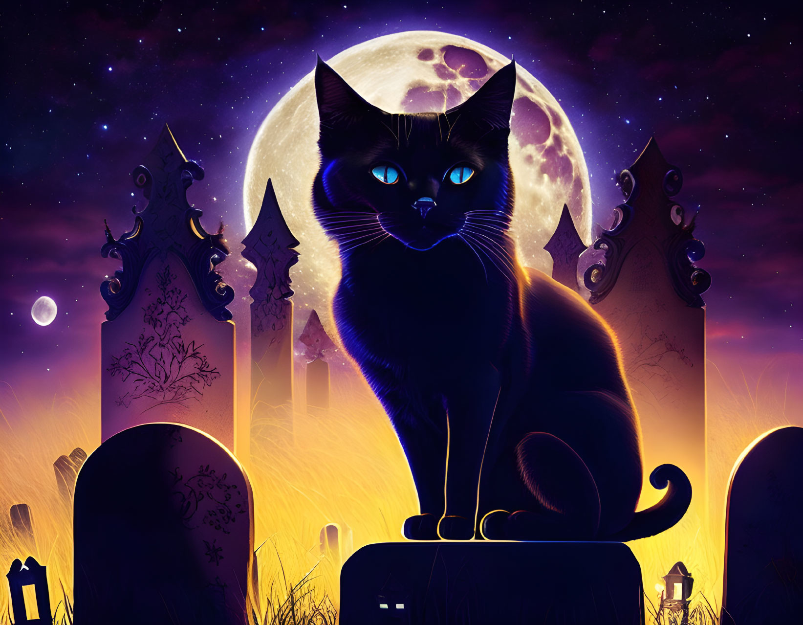 Black Cat with Glowing Blue Eyes on Tombstone Under Full Moon