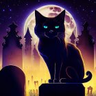 Black Cat with Glowing Blue Eyes on Tombstone Under Full Moon