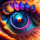 Close-up image: Multi-colored human eye with cosmic patterns and starry textures.