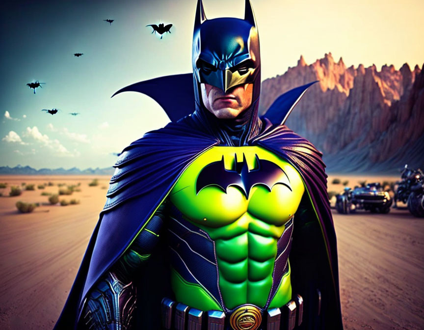 Superhero in costume in desert with mountains and bats.