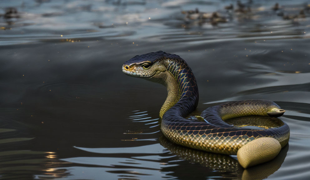 Dark, Shiny Snake Coiled Above Calm Water