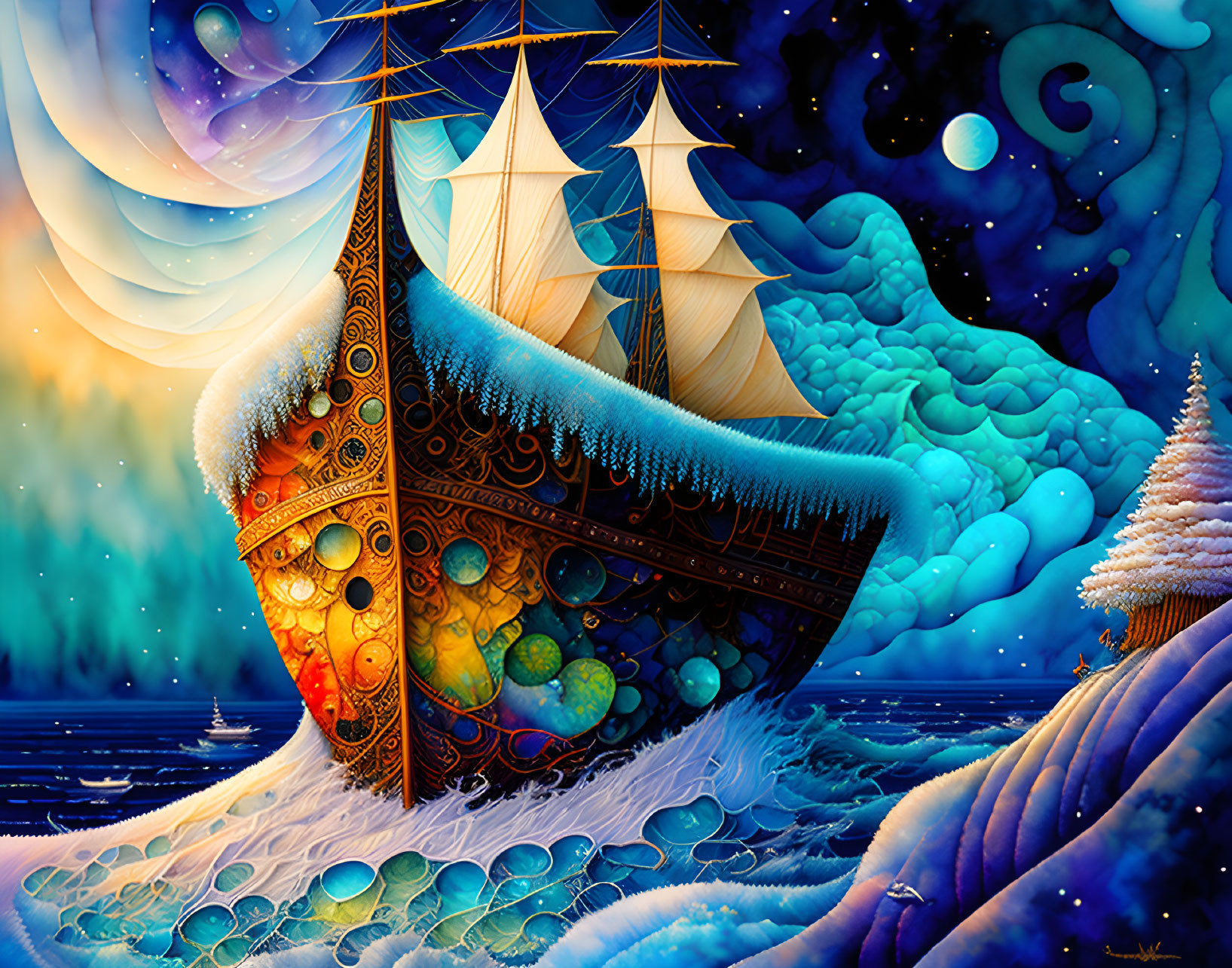 Colorful Ship Sailing on Wavy Ocean with Snow-Covered Trees