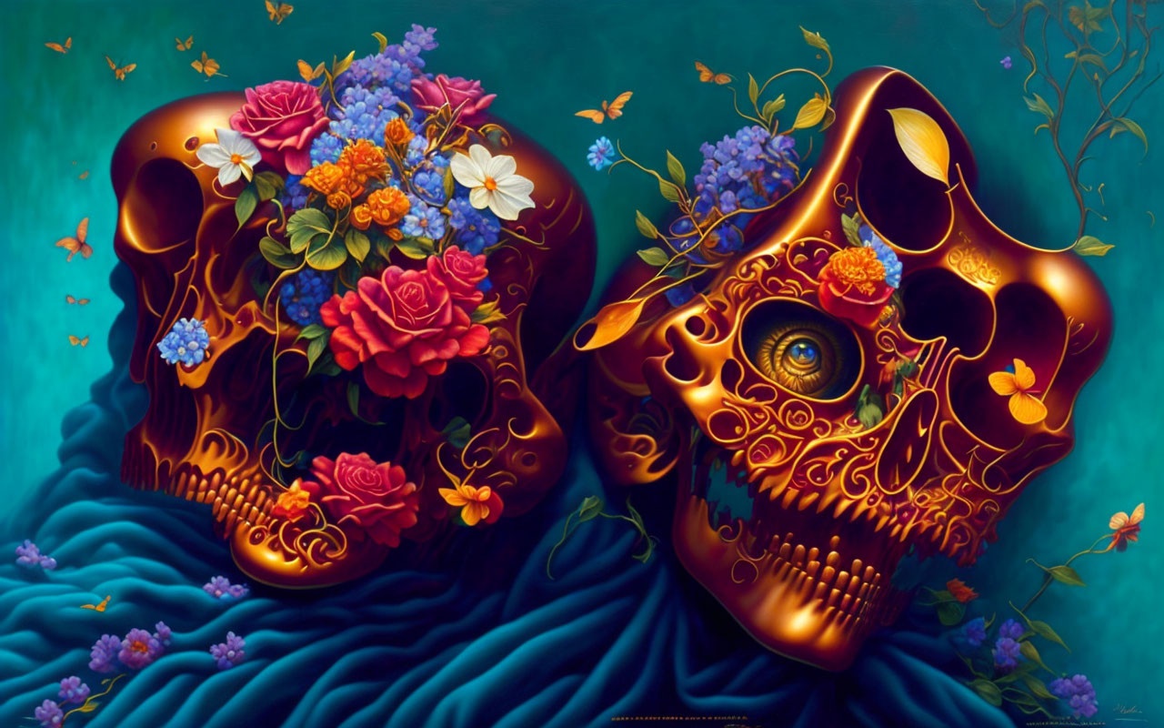 Colorful Artwork: Golden Skulls with Floral Motifs on Teal Background