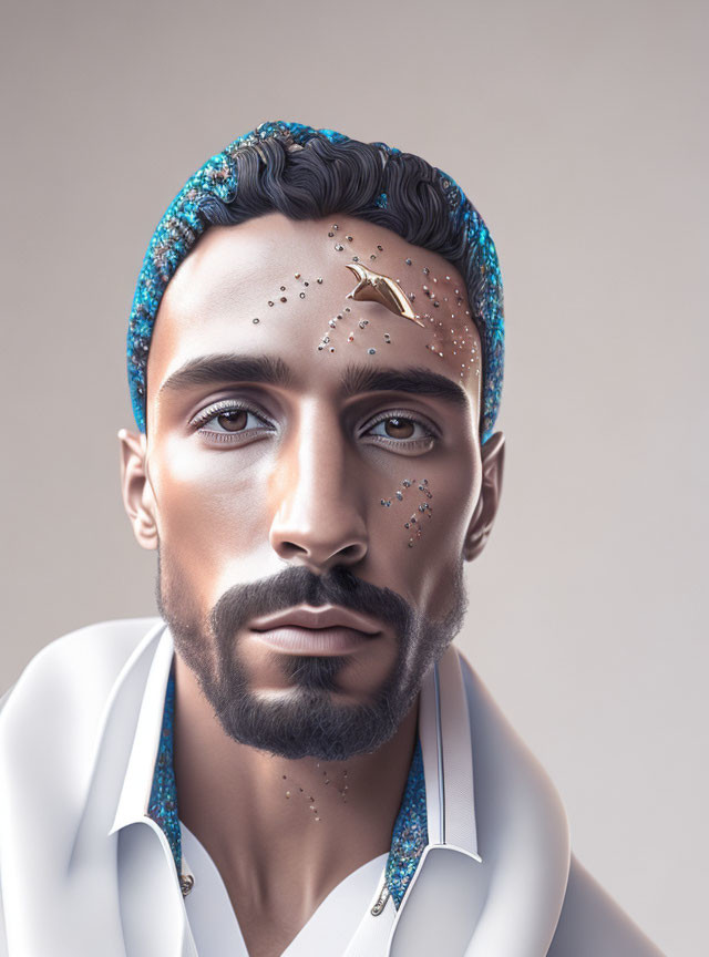 Man with Glittery Hair and Porcelain Forehead: Digital Artwork