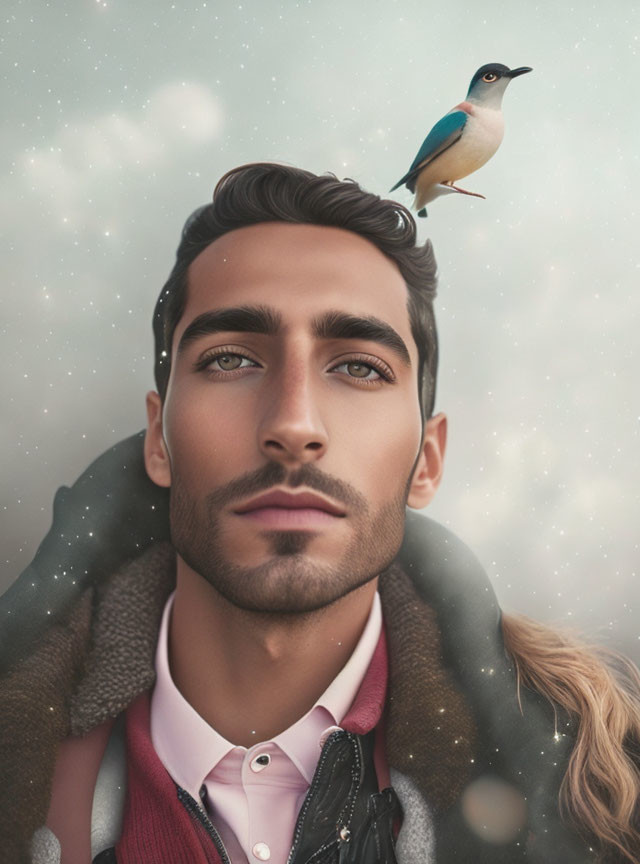 Man with Bird on Shoulder in Surreal Starry Sky Portrait