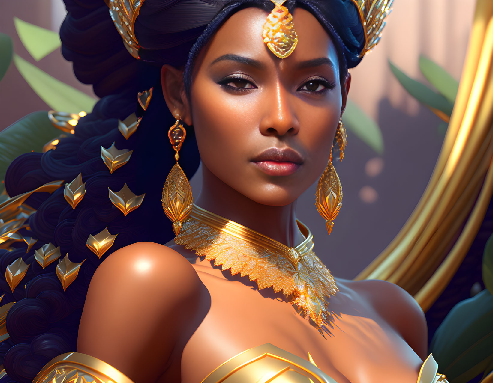 Regal woman digital art with golden jewelry & ornate armor