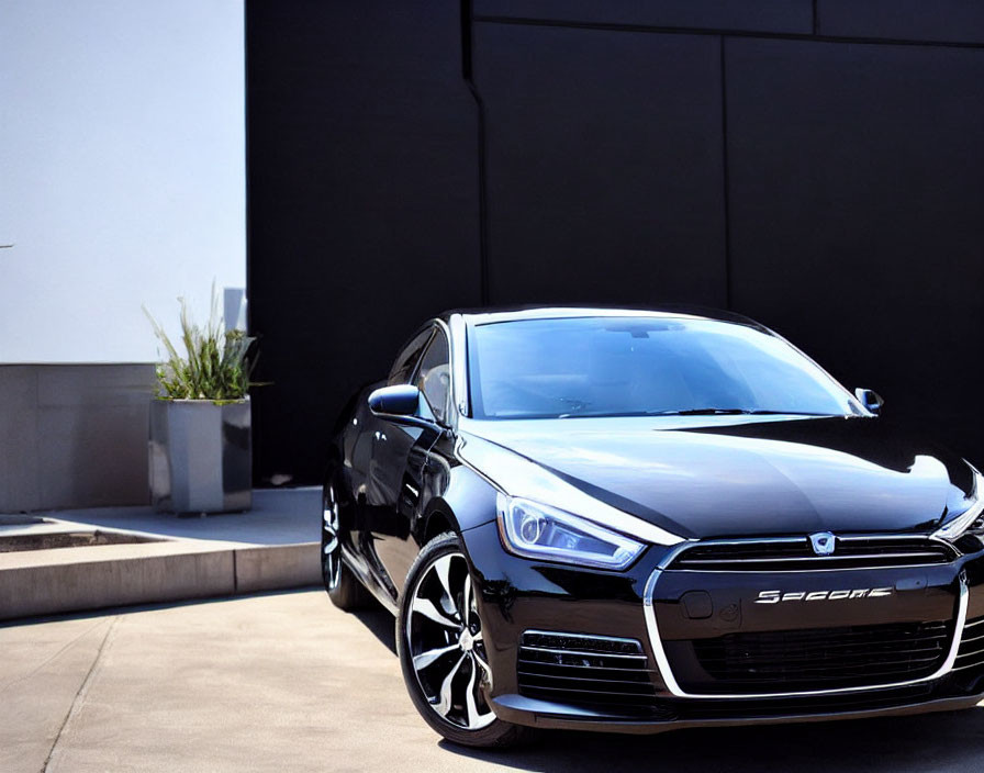 Black sedan with alloy wheels parked at modern building