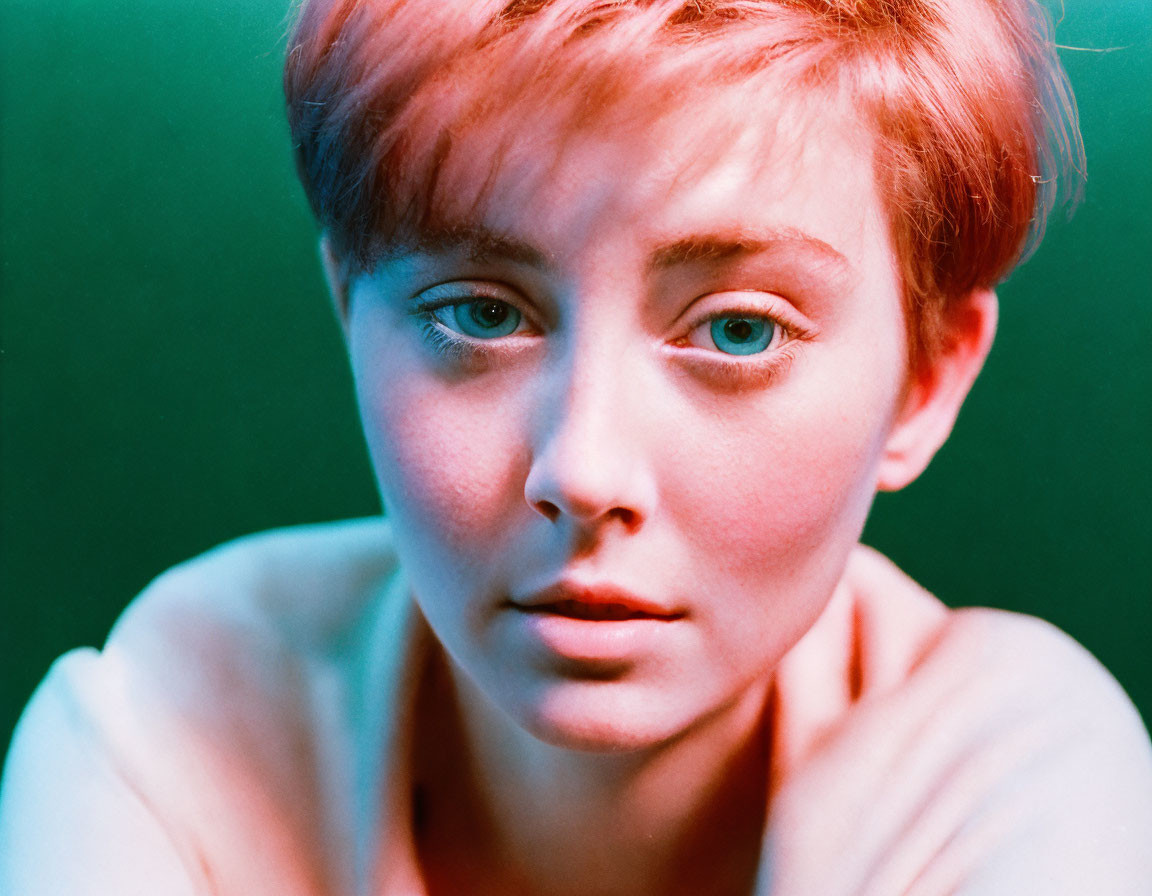 Portrait of person with short hair and striking eyes on greenish backdrop in warm lighting