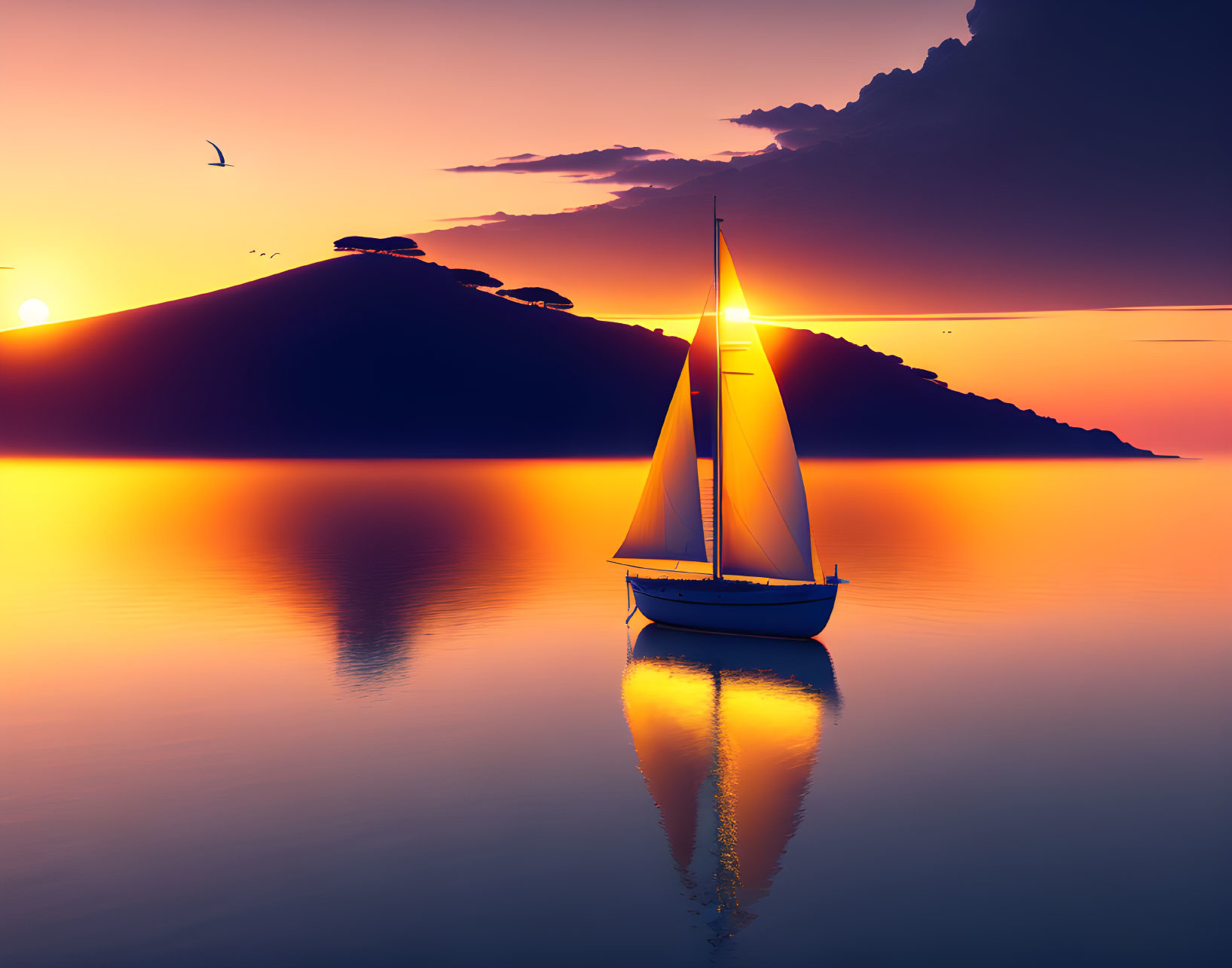 Sailboat on calm waters at sunset with mountain silhouette and bird