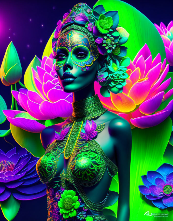 Colorful portrait of woman with floral and skull makeup in neon lotus flower setting.