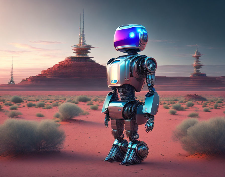 Blue illuminated head robot in desert with tall structures and pink sky