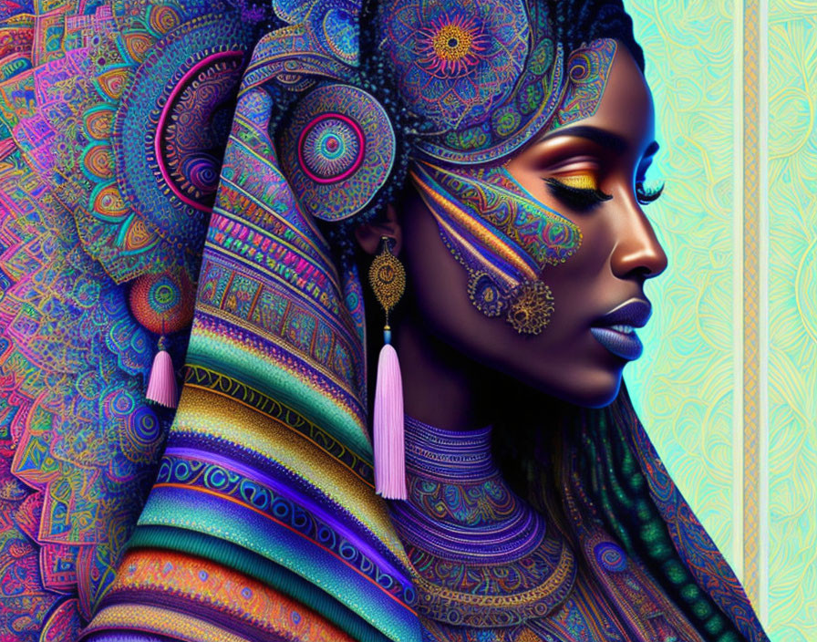 Colorful and intricate portrait of a woman with ornate jewelry and patterns