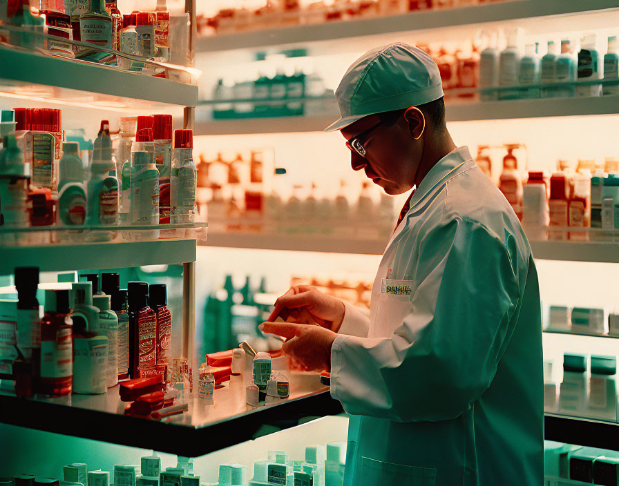 Pharmacist in white coat examines medication bottle in stocked pharmacy