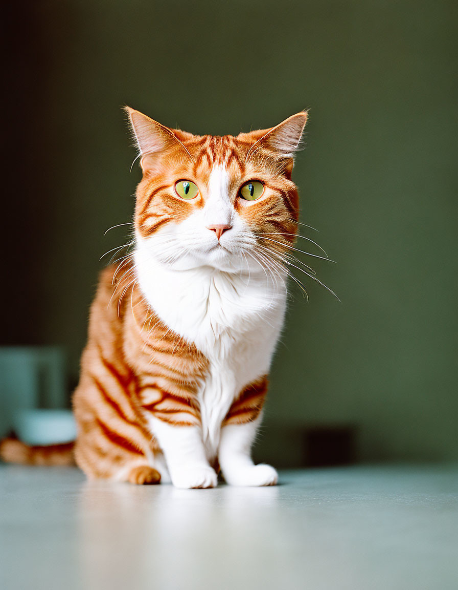 Striped Orange and White Cat with Green Eyes Sitting Calmly