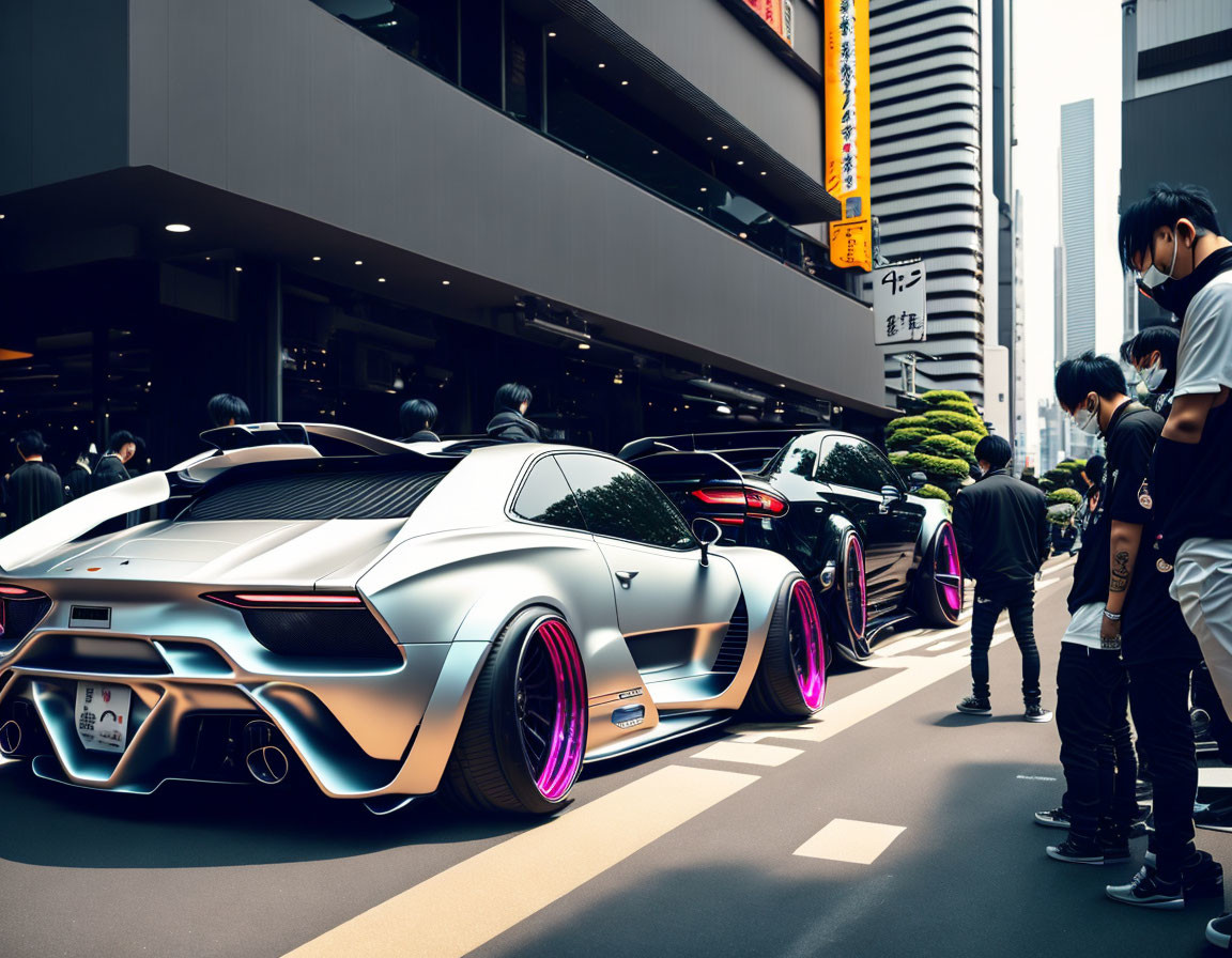 Silver Sports Car with Neon Purple Rims Surrounded by Onlookers in City Street