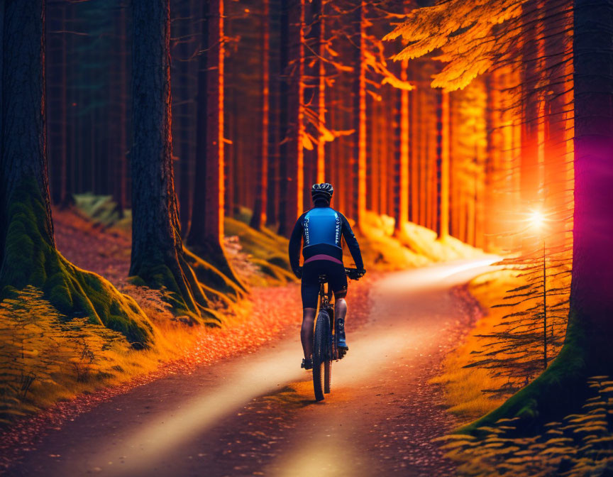 Cyclist on Forest Trail at Sunset with Warm Light