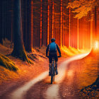 Cyclist on Forest Trail at Sunset with Warm Light