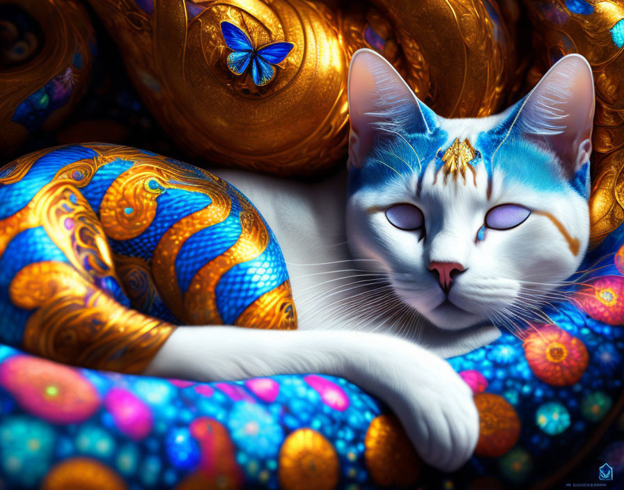 Colorful Digital Art: White Cat with Blue Patterns and Butterfly