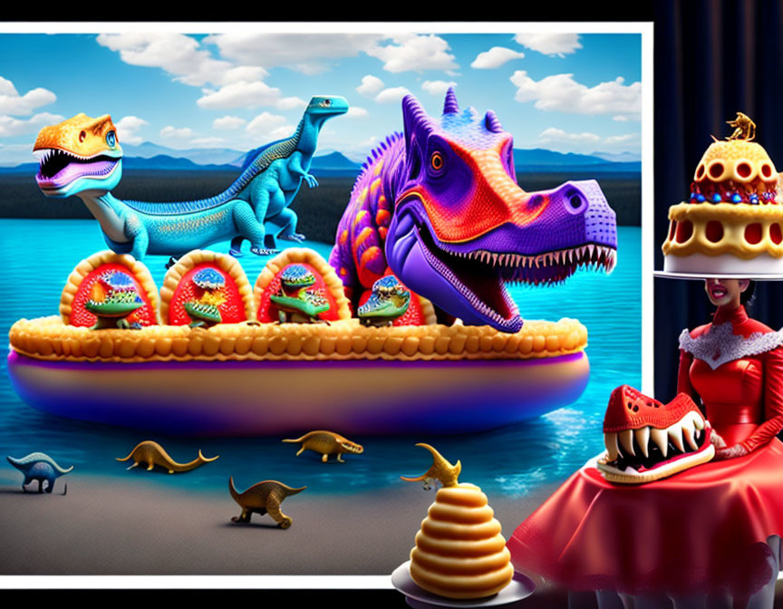 Fantastical image: Dinosaurs, woman with cake hats, miniature dinosaurs by lake and mountains