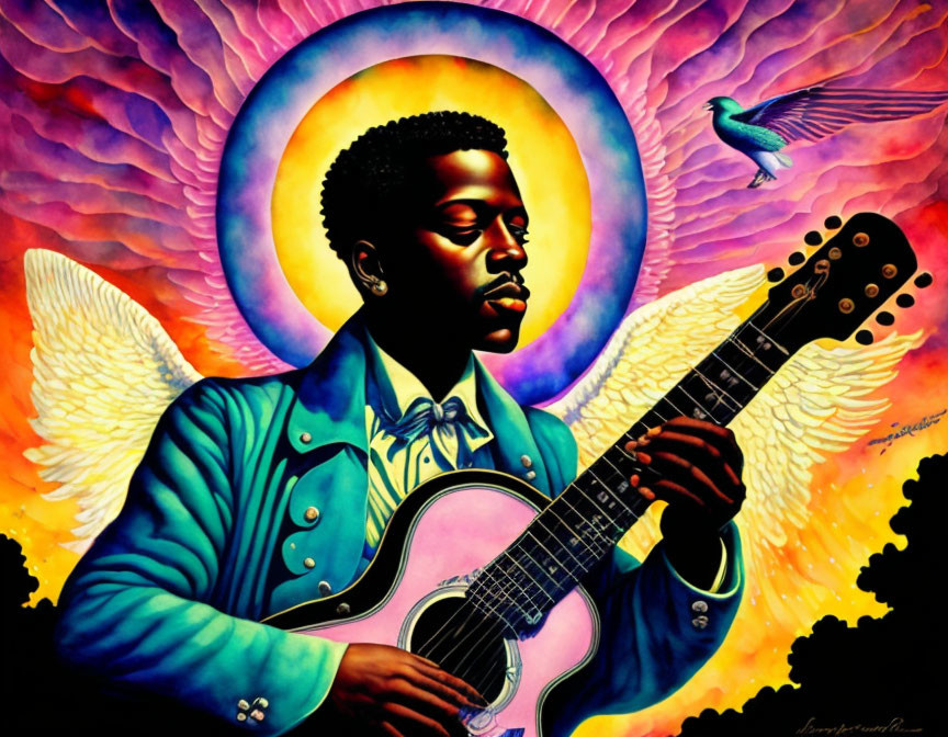 Colorful image of person with halo playing guitar and dove in psychedelic sunset.