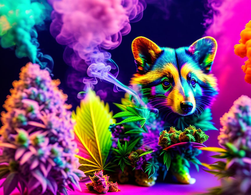 Vividly tinted raccoon in neon-lit, psychedelic setting