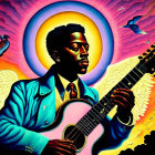 Colorful image of person with halo playing guitar and dove in psychedelic sunset.