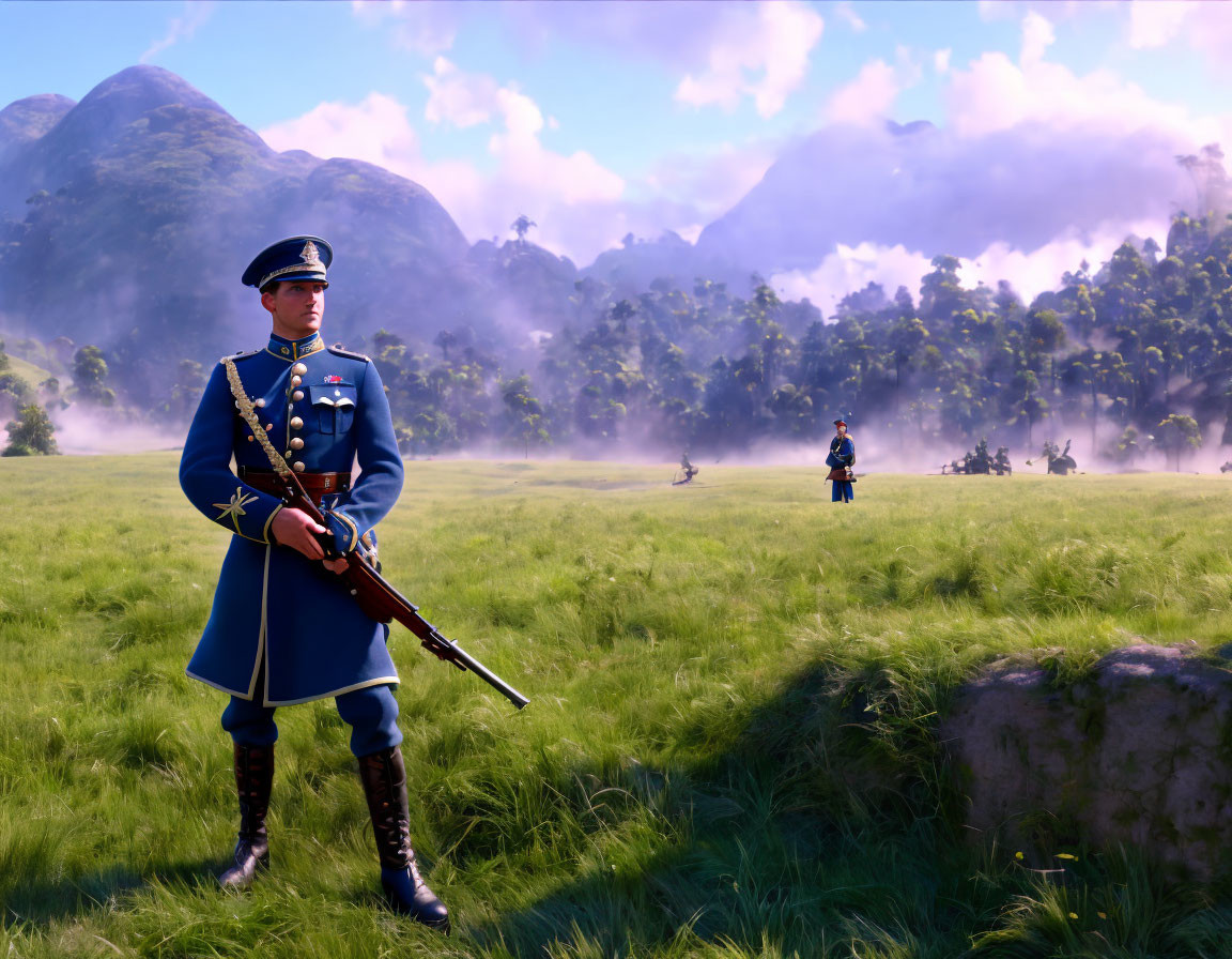 Historical soldiers in lush green field with mist-covered mountains