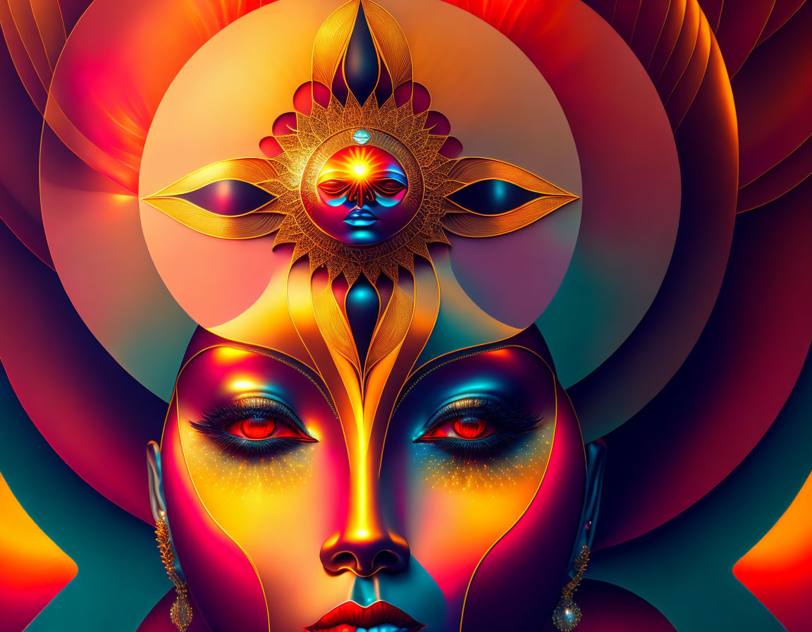 Colorful digital artwork: stylized female face with ornate headdress in warm hues.