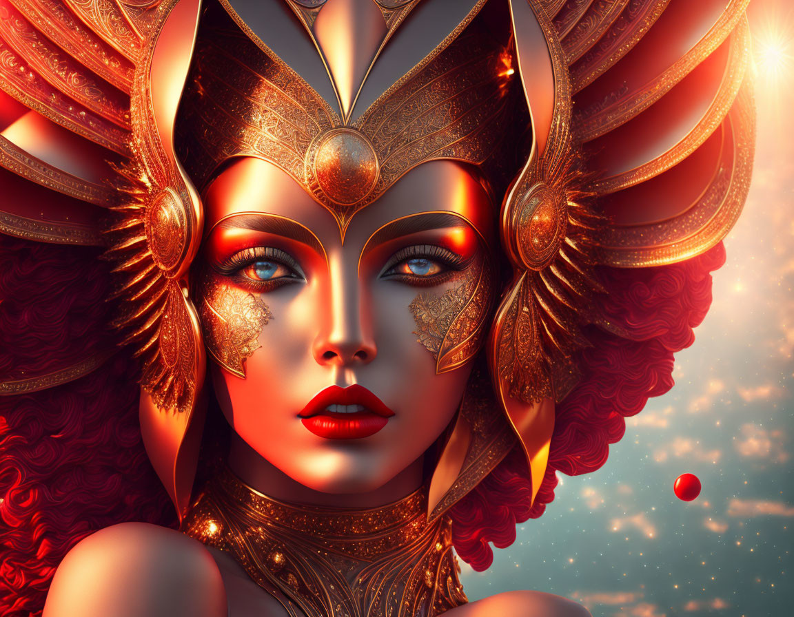 Colorful digital artwork of woman with golden headgear and blue eyes