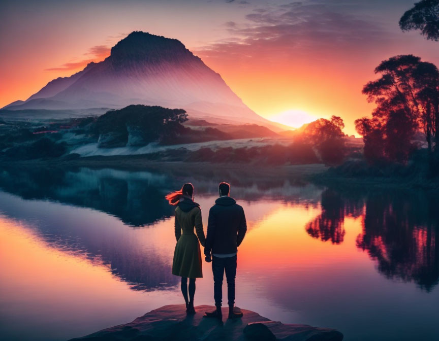 Couple by serene lake at sunset with mountain backdrop