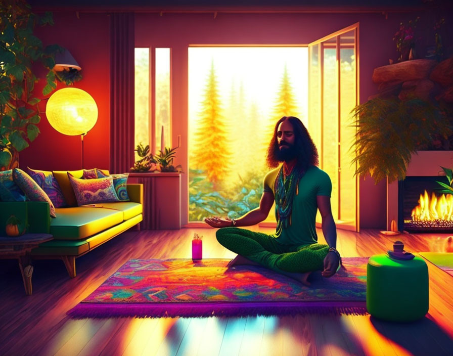 Bearded Person Meditating in Cozy Room with Fireplace