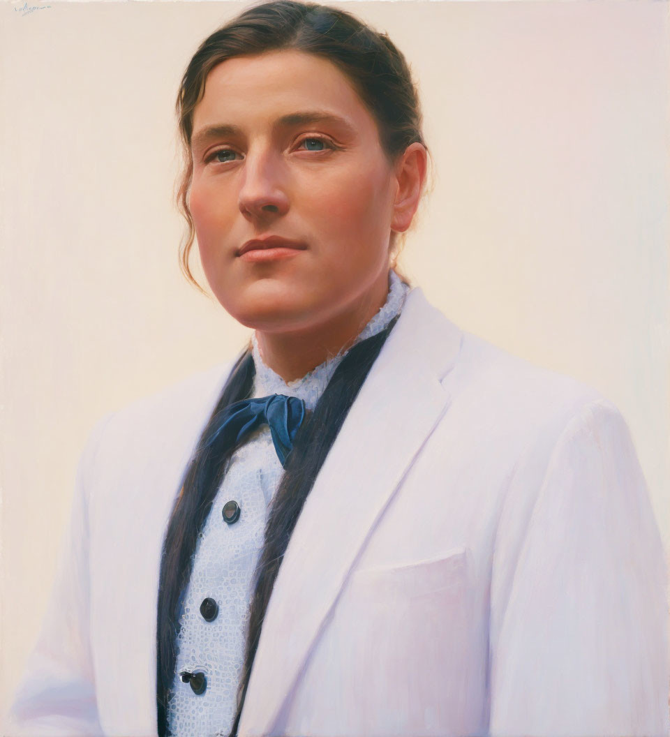 Portrait of individual with shoulder-length brown hair in white blazer, patterned vest, white shirt,