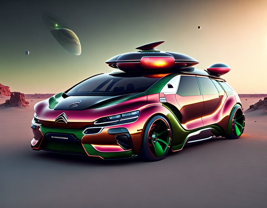 Sleek futuristic vehicle with neon highlights on desert planet surface